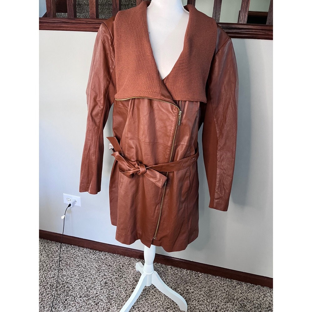 Iman Global Chic Cognac Genuine Leather Jacket Knit Collar Belted 3X NWT